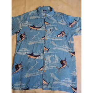 Guy Harvey Button Front Shirt Large Marlin Shark Rayon Short Sleeve fish